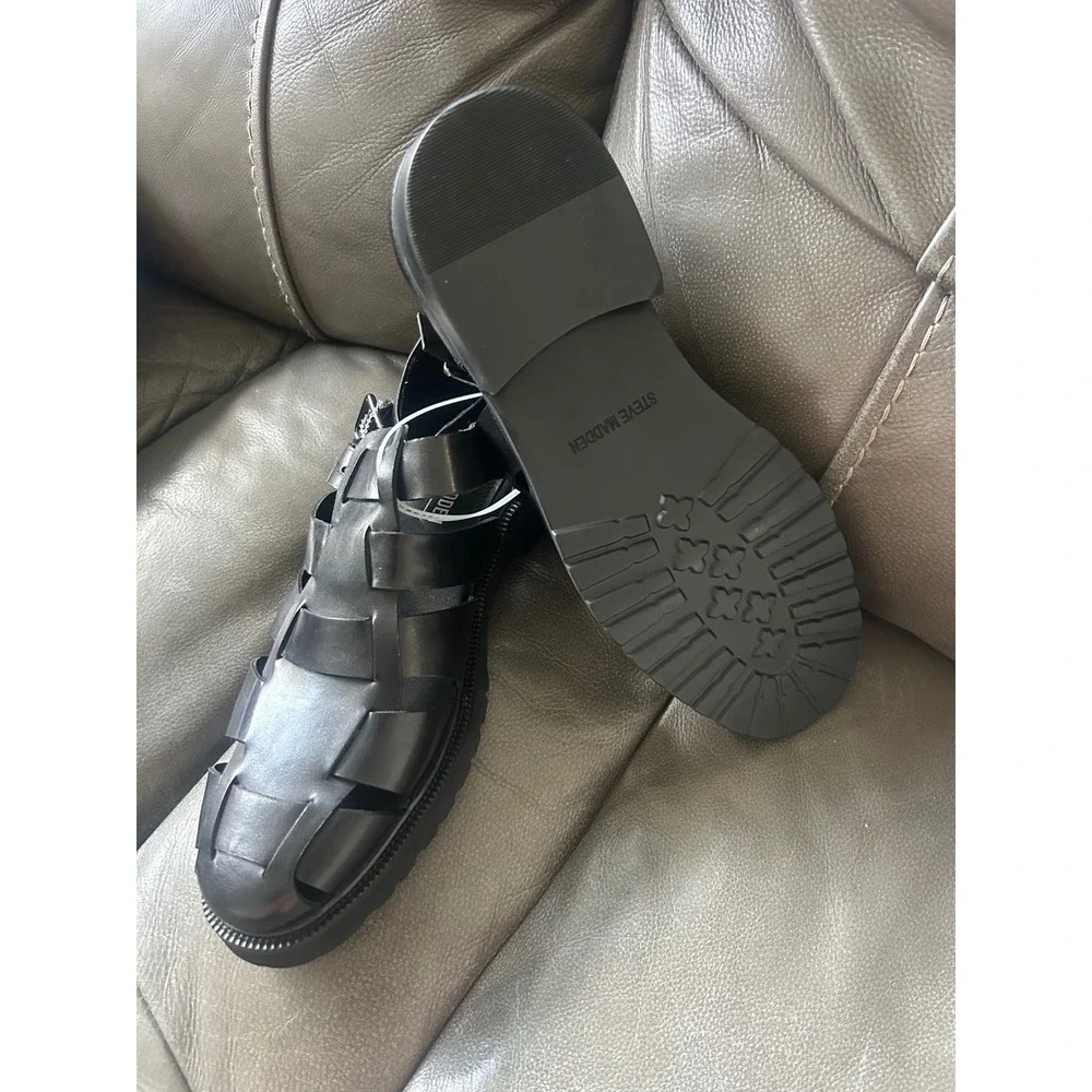 Steve Madden Havana Mens Black Leather Fisherman Sandals Lug Sole Buckle 9.5